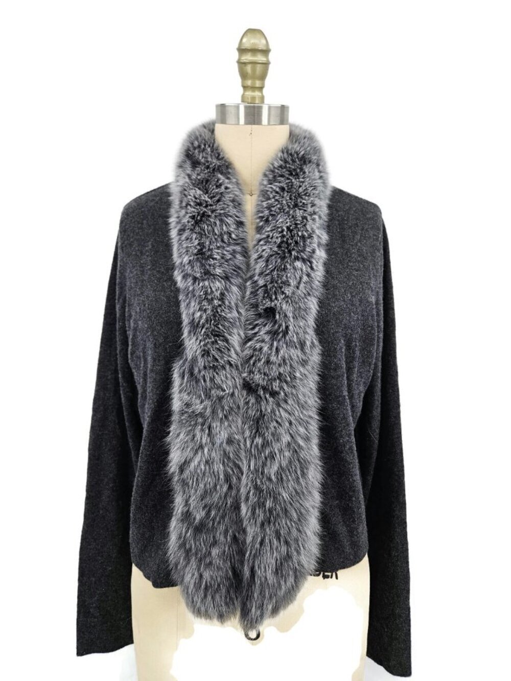 Neiman Marcus Cashmere Collection Cardigan Womens L Fox Fur Collar Grey